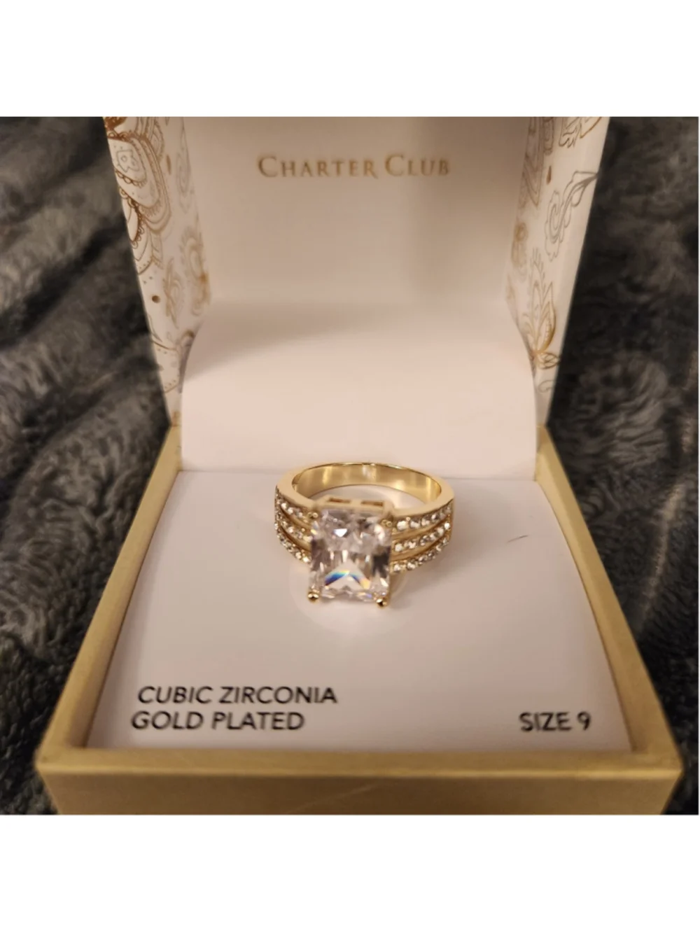 Gold Plate Emerald-Cut Crystal Triple-Row Ring Size 9